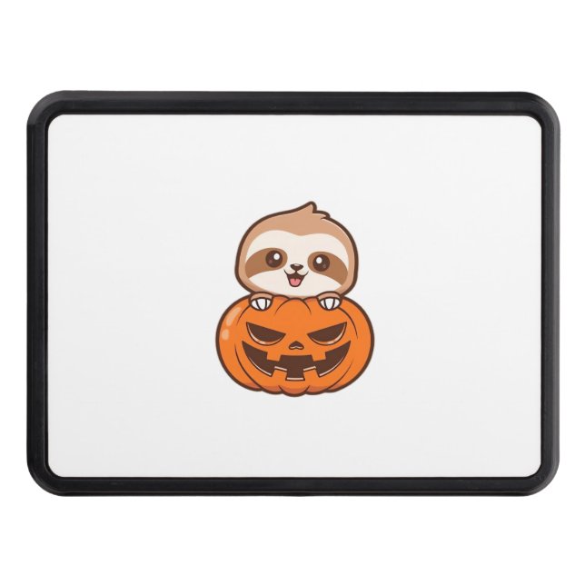 Cute Sloth with Pumpkin Halloween Cartoon Vector I Trailer Hitch Cover (Front)