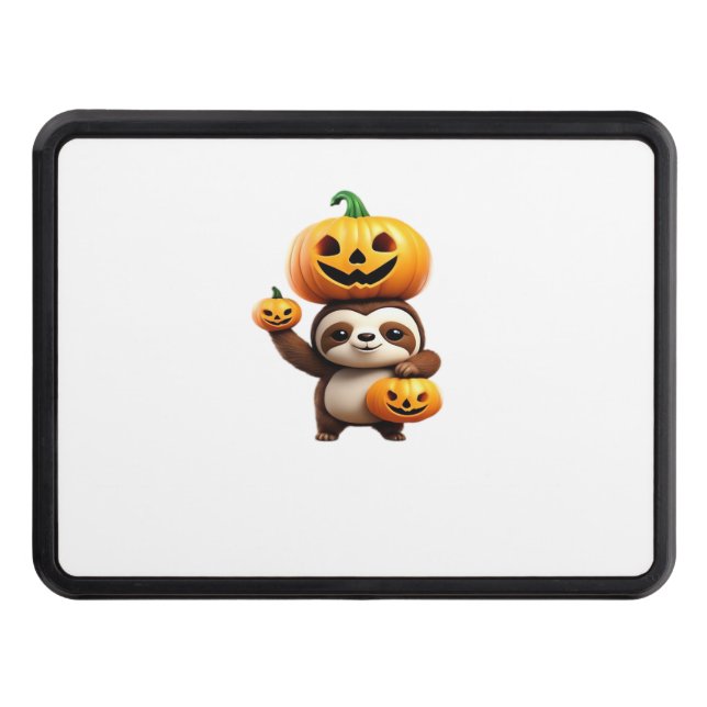 Cute Sloth with Pumpkin Halloween Cartoon Vector I Trailer Hitch Cover (Front)