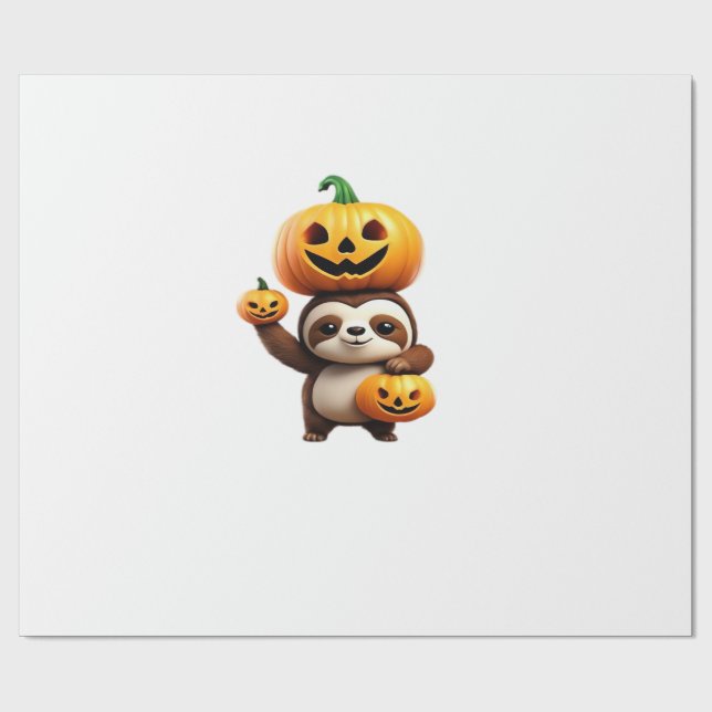 Cute Sloth with Pumpkin Halloween Cartoon Vector I Wrapping Paper (Flat)