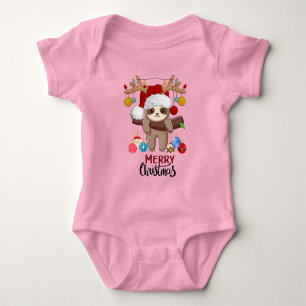 Cute Sloth with Santa Hat,Christmas Lights & Balls Baby Bodysuit