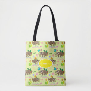 Cute Sloth Yellow Pattern Funny Lazy Quote Floral Tote Bag