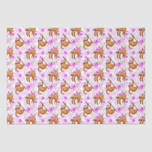 Cute sloths and flowers tiled wrapping paper (Front)