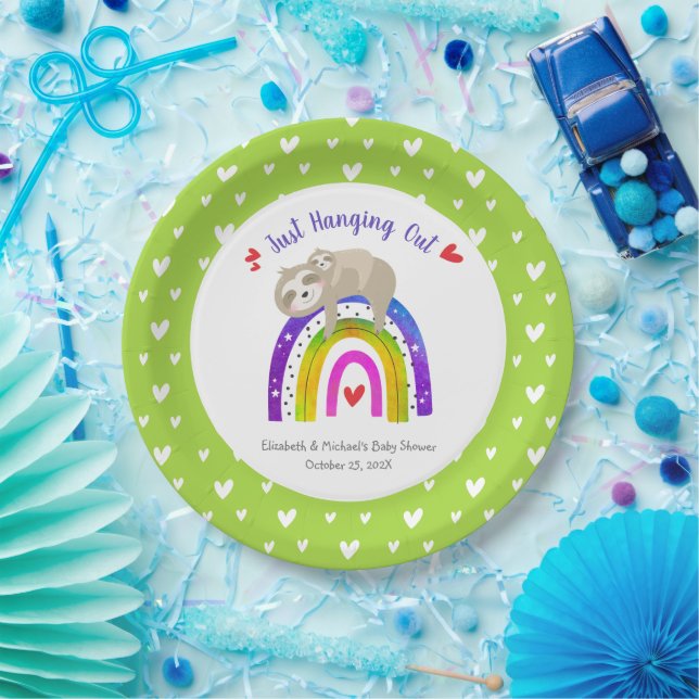 Cute Sloths Baby Shower Sweet Boho Rainbow Modern  Paper Plate (Party)