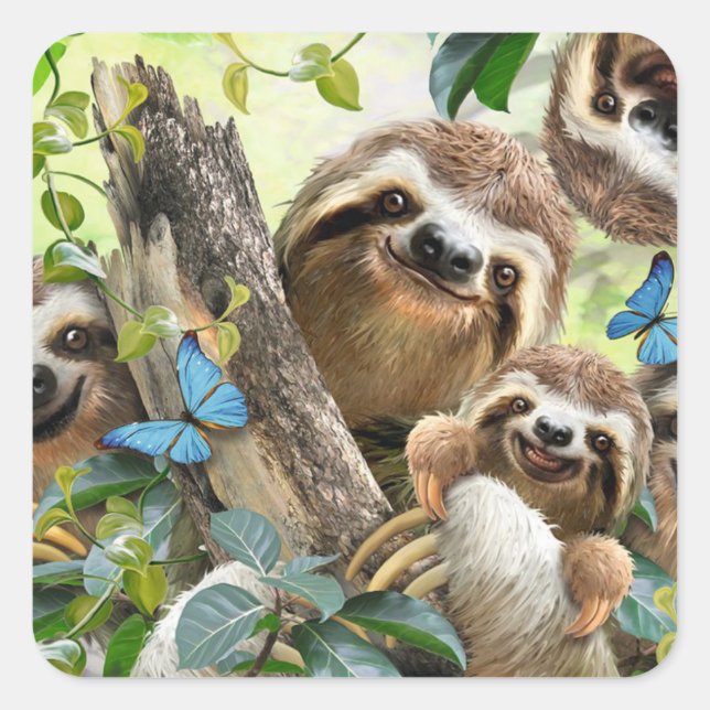 Cute Sloths Background Square Sticker (Front)