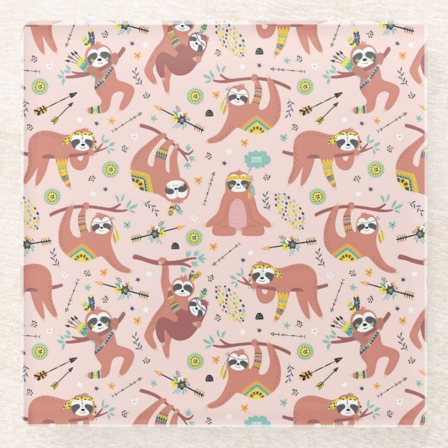 Cute Sloths Glass Coaster (Front)