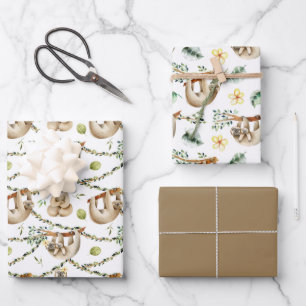 Cute Sloths Hanging From A Tree Wrapping Paper Sheet