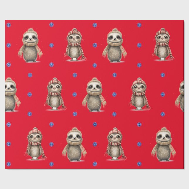 Cute Sloths in Scarves Christmas on Red Wrapping Paper (Seam)