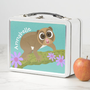 Cute slow loris flowers cartoon illustration metal lunch box