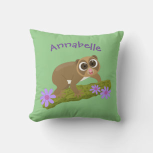 Cute slow loris flowers cartoon illustration throw pillow