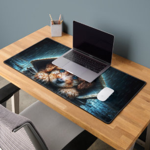 Cute small dog in rain day with blue eyes art desk mat