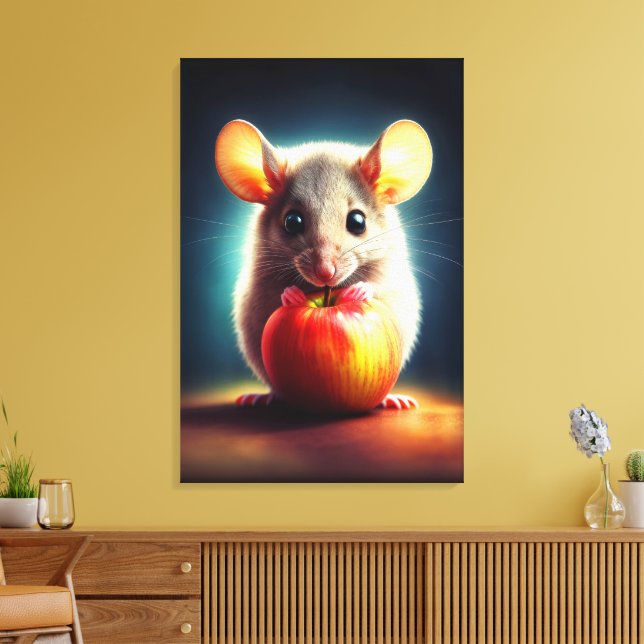 Cute small mouse with shiny apple kitchen art canvas print (Insitu(LivingRoom))