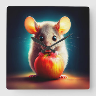 Cute small mouse with shiny apple kitchen art square wall clock