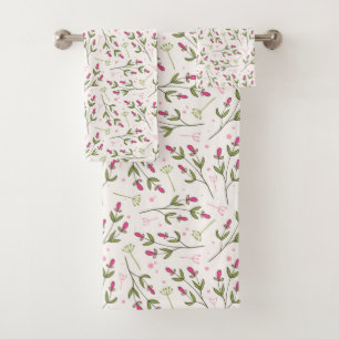 Cute small pink botanical flowers pattern bath towel set