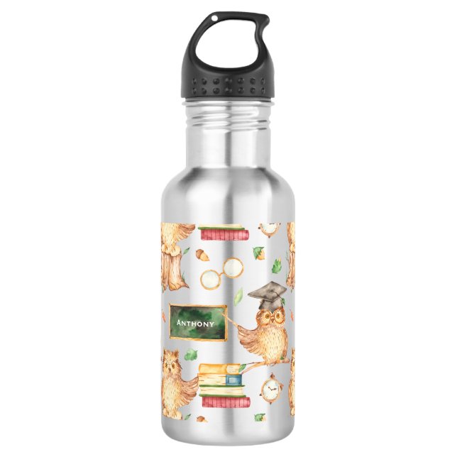 Cute Smart Owl with Chalkboard Kids Name 532 Ml Water Bottle (Front)