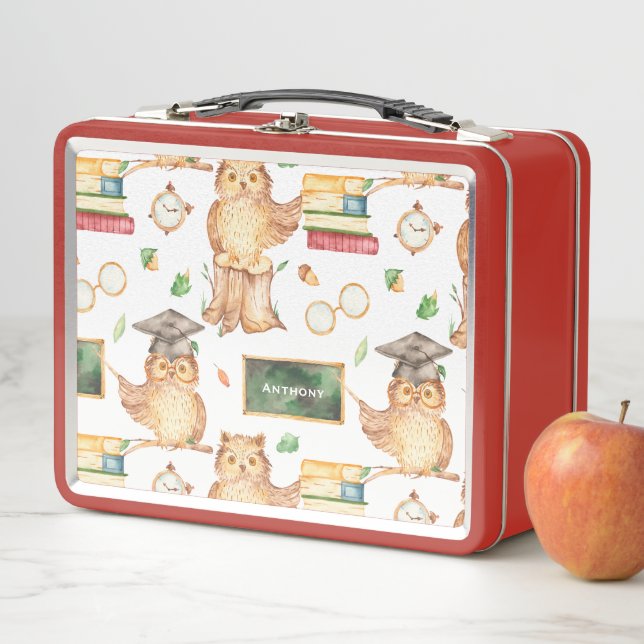 Cute Smart Owl with Chalkboard Kids Name Metal Lunch Box (In Situ)