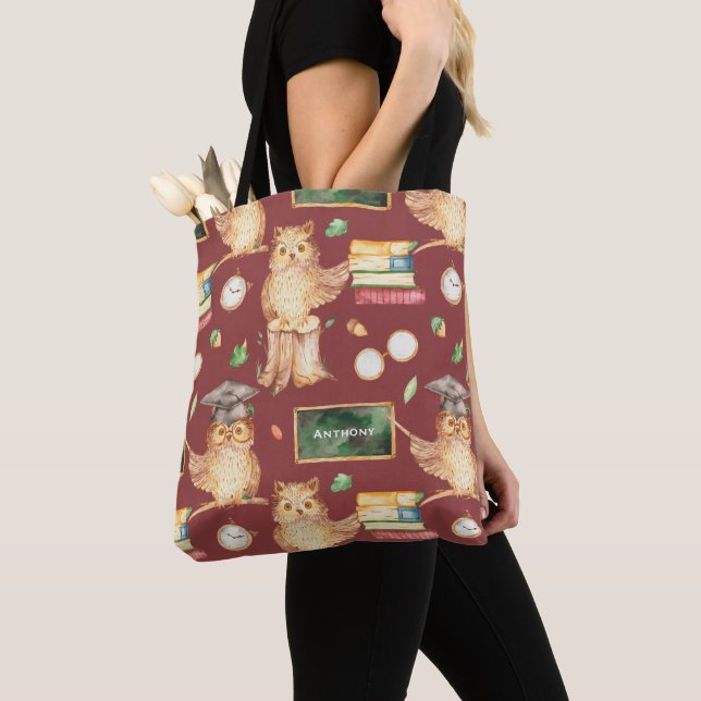 Cute Smart Owl with Chalkboard Kids Name Tote Bag (Close Up)