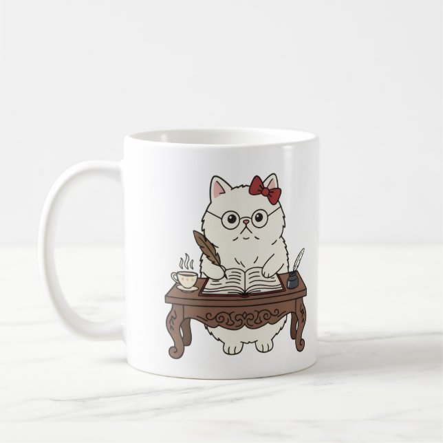 Cute Smart Teacher Writing Calligraphy Coffee Cat Coffee Mug (Left)