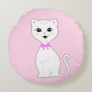 Cute Smart White Cat Cartoon Round Pillow