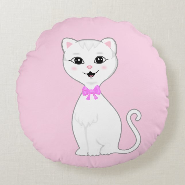 Cute Smart White Cat Cartoon Round Pillow (Front)