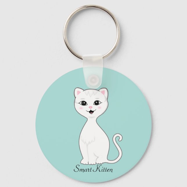 Cute Smart White Kitten Cartoon on Light Blue Keychain (Front)