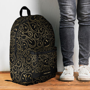 Cute Smile Face Funny Kids Teen Black Gold Printed Backpack