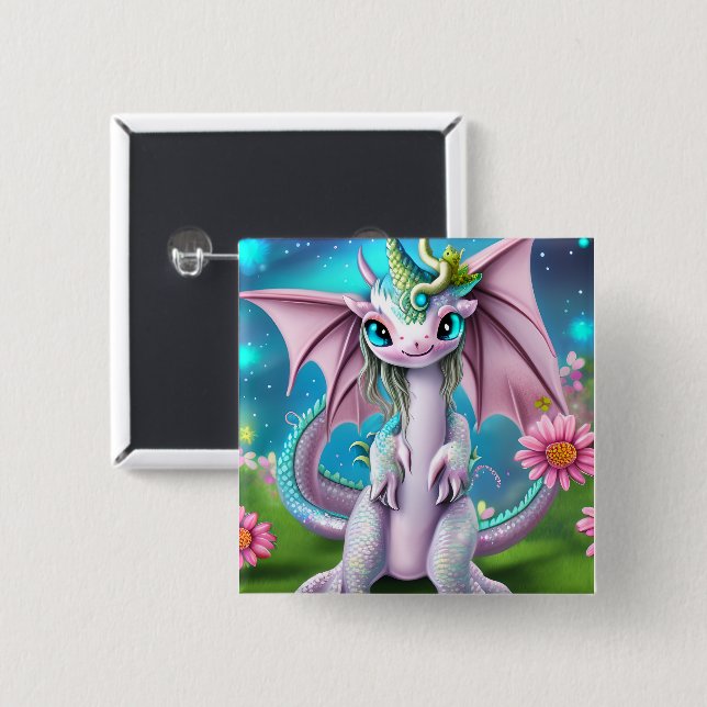 Cute Smiling Baby Dragon with Flowers  2 Inch Square Button (Front & Back)