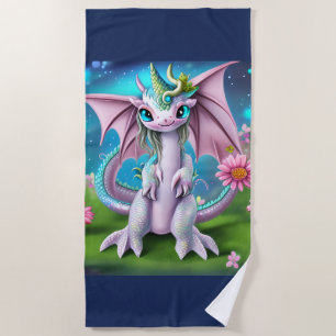Cute Smiling Baby Dragon with Flowers Beach Towel