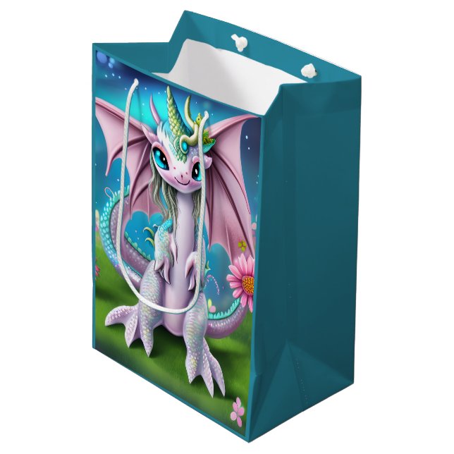 Cute Smiling Baby Dragon with Flowers  Medium Gift Bag (Front Angled)