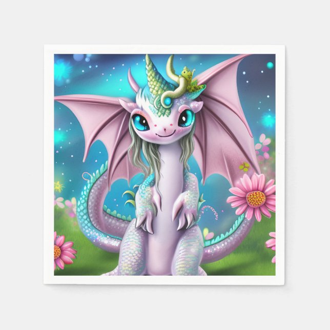Cute Smiling Baby Dragon with Flowers  Napkin (Front)