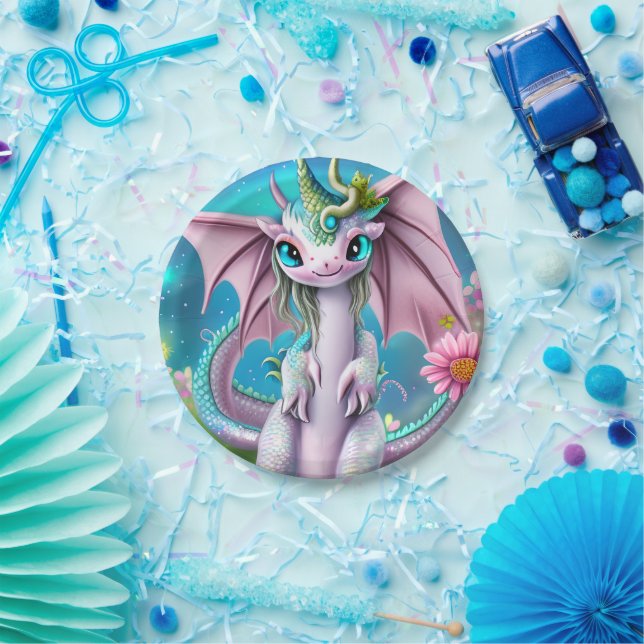 Cute Smiling Baby Dragon with Flowers  Paper Plate (Party)