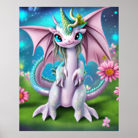 Cute Smiling Baby Dragon with Flowers