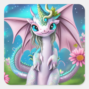 Cute Smiling Baby Dragon with Flowers  Square Sticker