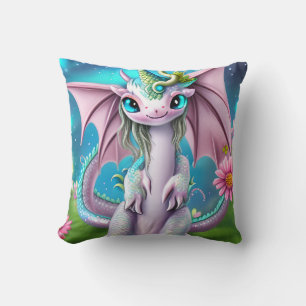 Cute Smiling Baby Dragon with Flowers Throw Pillow