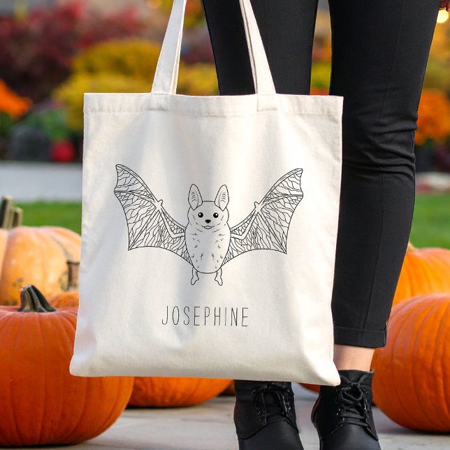 Cute Smiling Bat Line Art With Name Halloween Tote Bag (Disclaimer: This image is a digital mockup.)