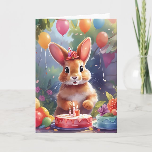 Cute, smiling bunny, cake & candles | Card (Front)