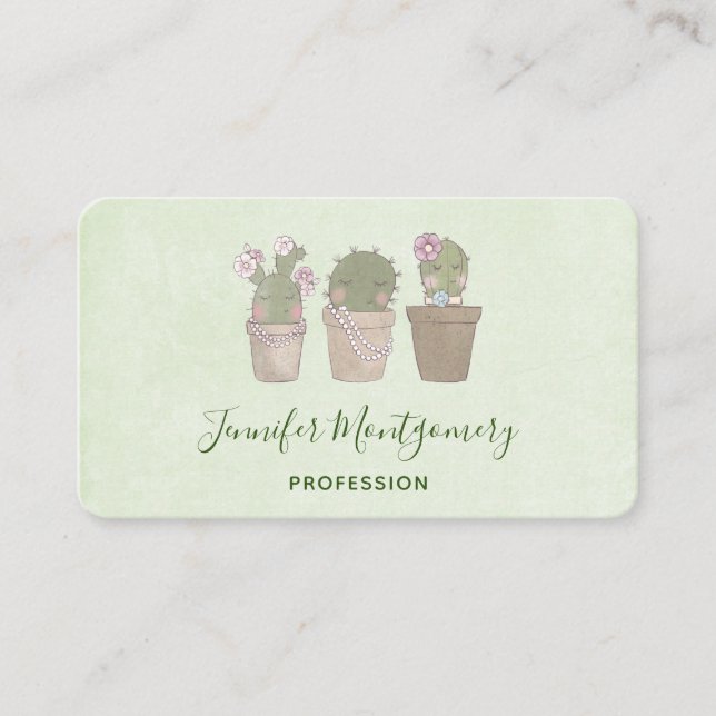 Cute Smiling Cactus Trio Watercolor Design Business Card (Front)