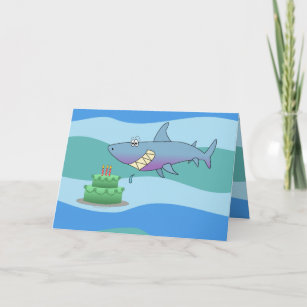 Cute Smiling Cartoon Shark With Cake Birthday Card
