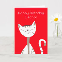Cute Smiling Cat Name Red Happy Birthday Card