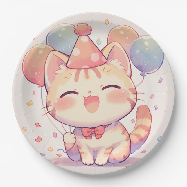 Cute Smiling Cat with Balloons Birthday Paper Plat Paper Plate (Front)