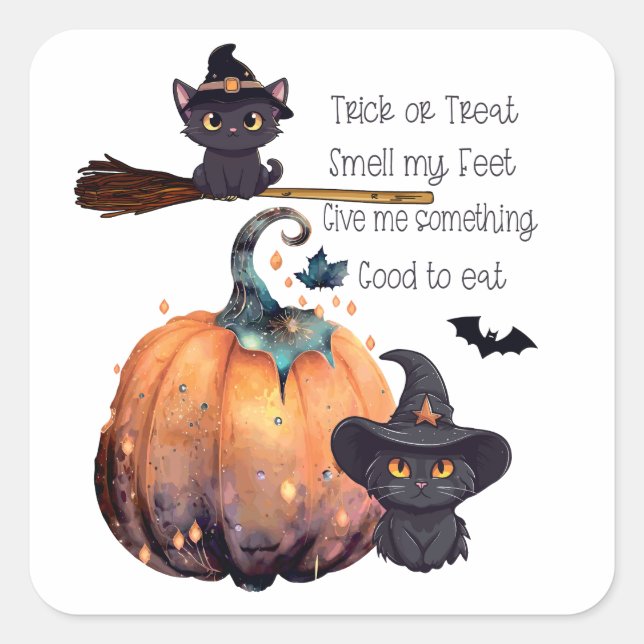Cute smiling cats with Halloween pumpkins. Keychai Square Sticker (Front)
