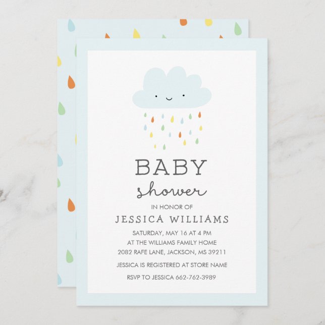 Cute Smiling Cloud Baby Shower Invitation in Blue (Front/Back)