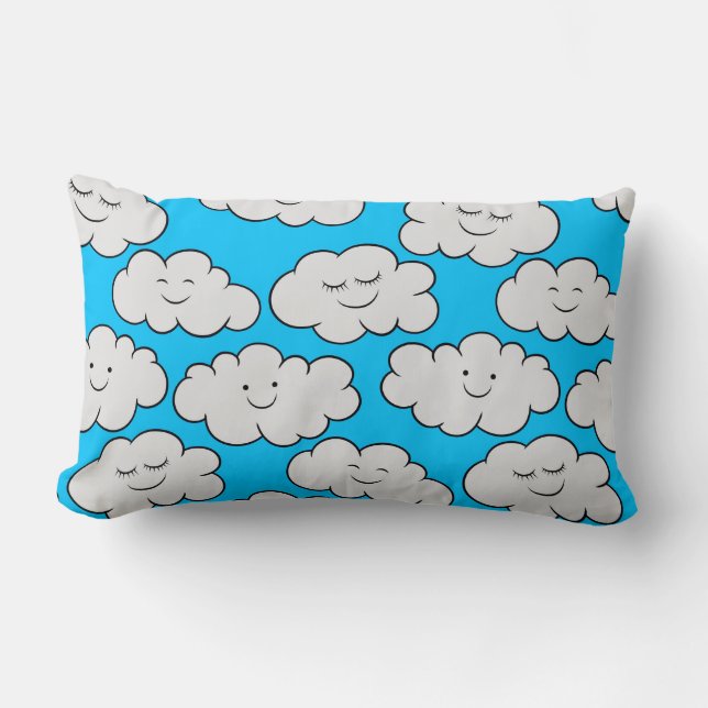 Cute Smiling Clouds on a Bright Blue Background Lumbar Pillow (Front)
