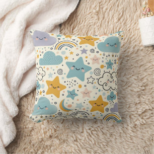 Cute Smiling Clouds Stars and Rainbows Nursery Throw Pillow