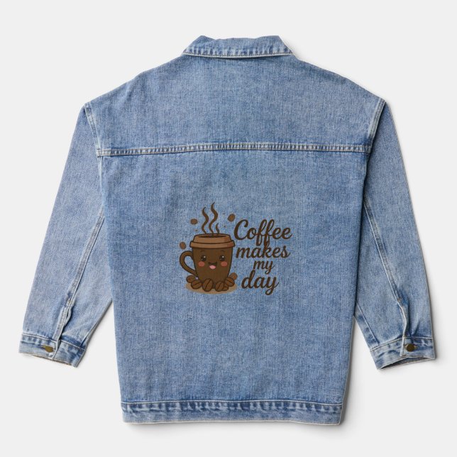 Cute Smiling Coffee Art Denim Jacket (Verso)