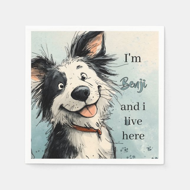Cute Smiling Dog Illustration with Custom Name Napkin (Front)