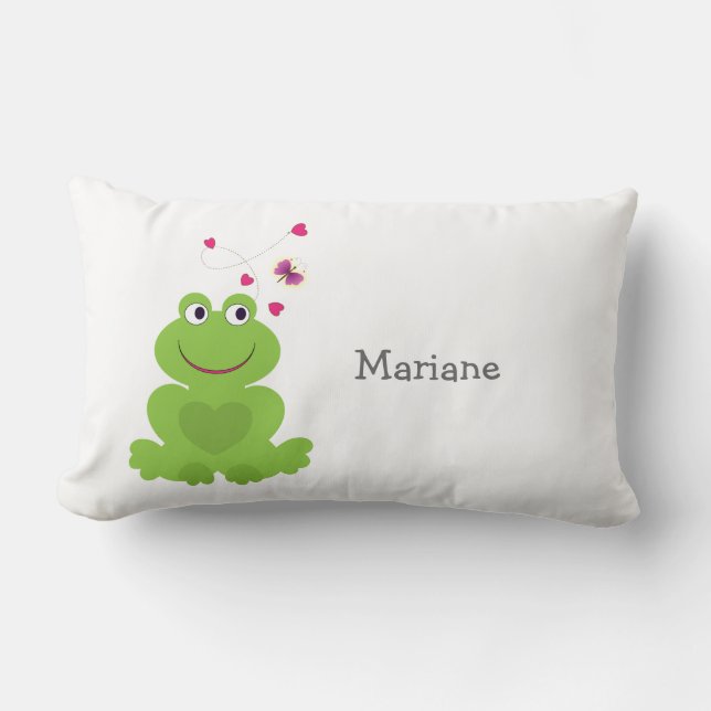 Cute smiling frog with hearts and butterfly lumbar pillow (Front)