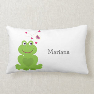 Cute smiling frog with hearts and butterfly lumbar pillow