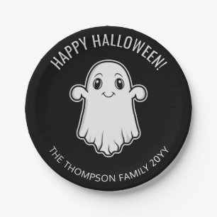 Cute Smiling Ghost Happy Halloween Black And White Paper Plate