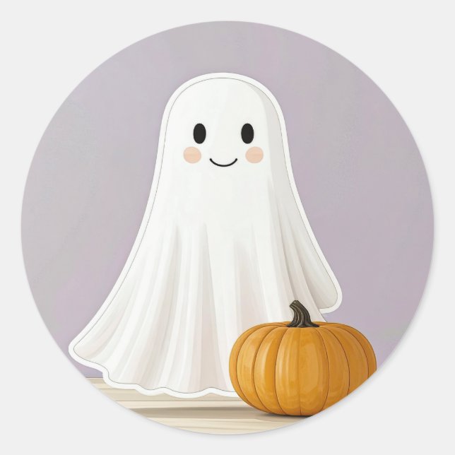 Cute Smiling Ghost with Pumpkin Classic Round Sticker (Front)