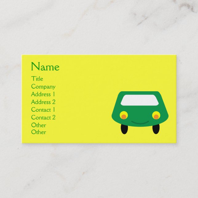 Cute Smiling Green Cartoon Car Yellow Custom Business Card (Front)